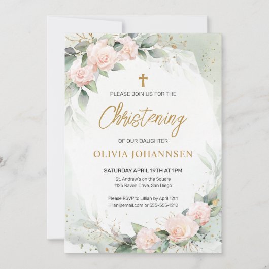 Zacht Roze Waterverf Bloemen Groen doopsel Kaart (Voorkant)