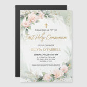 Zacht Roze Waterverf Bloemen Groene Communie Magnetische Uitnodiging (Voorkant / Achterkant)