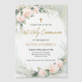 Zacht Roze Waterverf Bloemen Groene Communie Magnetische Uitnodiging (Voorkant)