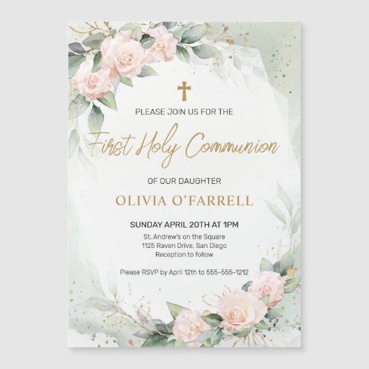 Zacht Roze Waterverf Bloemen Groene Communie Magnetische Uitnodiging (Voorkant)