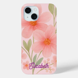 Zacht Roze waterverf bloemmotief Illustratie iPhone 15 Case