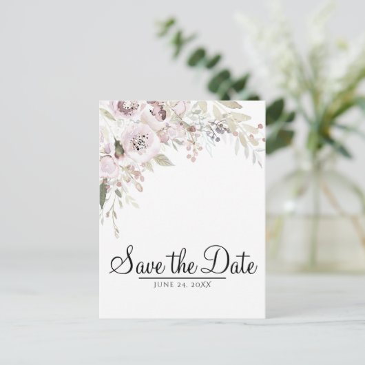 Zacht Roze Waterverf Elegante Bloemen Save the Dat Aankondigingskaart (Staand voorkant)