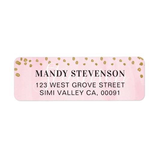 Zacht Roze Waterverf & Gouden Polka Dot Confetti Etiket (Voorkant)