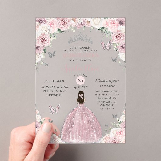 Zacht Roze Witte Bloemen Prinses Quinceañera XV 16 Acryl Uitnodigingen (Insitu (Draagbaar))