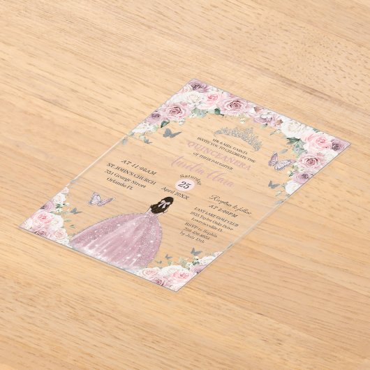 Zacht Roze Witte Bloemen Prinses Quinceañera XV 16 Acryl Uitnodigingen (Laagn)