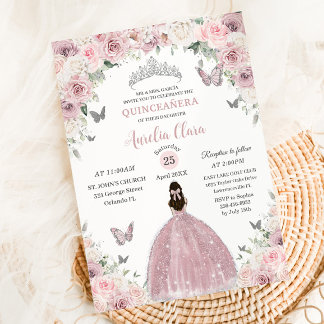 Zacht Roze Witte Bloemen Prinses Quinceañera XV 16 Kaart
