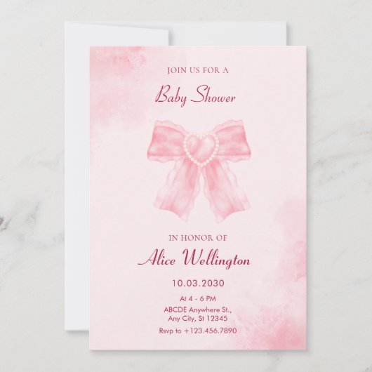 Zacht roze zoet lint boog foto baby shower kaart (Voorkant)