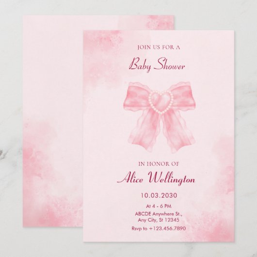 Zacht roze zoet lint boog foto baby shower kaart (Voorkant / Achterkant)