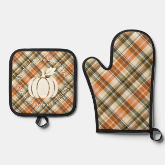 Zacht Sinaasappel, Groen & Crème Plaid met Pompoen Ovenwant & Pannenlap Set