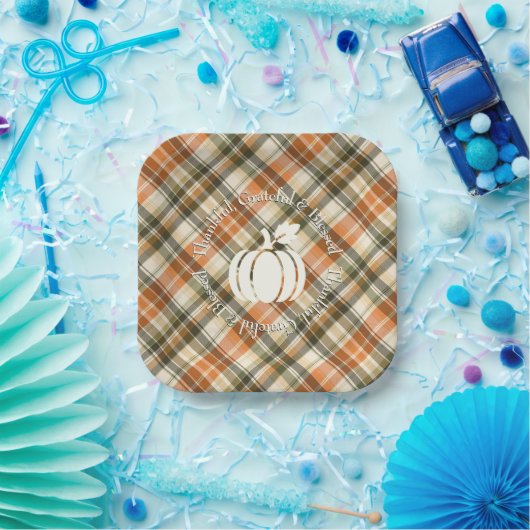 Zacht Sinaasappel, Groen & Crème Plaid met Pompoen Papieren Bordje (Feest)