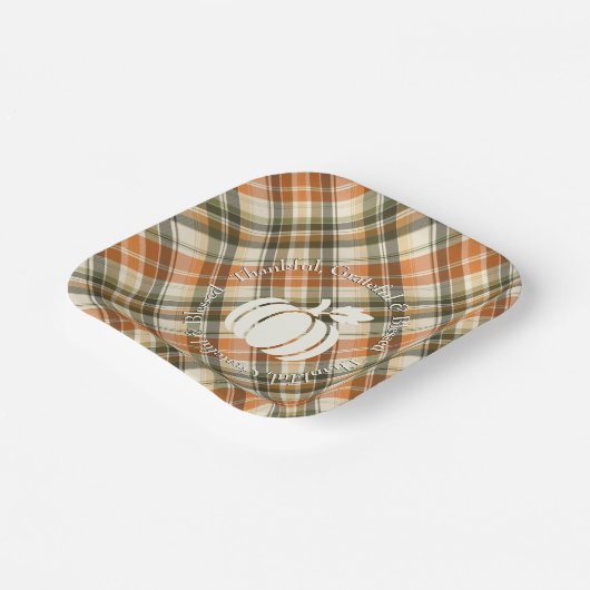 Zacht Sinaasappel, Groen & Crème Plaid met Pompoen Papieren Bordje (Gebogen)
