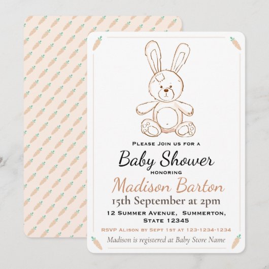 Zacht Speelgoed Bunny & wortelt Baby shower Kaart (Voorkant / Achterkant)