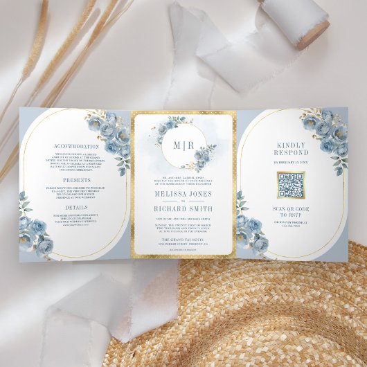 Zacht Stoffig Blauw Bloemengoud Alles in één bruil Drieluik Uitnodiging