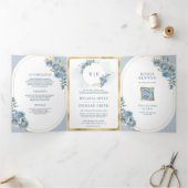 Zacht Stoffig Blauw Bloemengoud Alles in één bruil Drieluik Uitnodiging (Binnen)