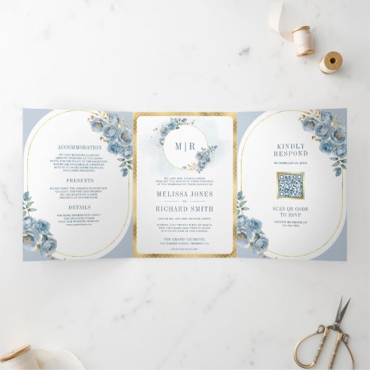 Zacht Stoffig Blauw Bloemengoud Alles in één bruil Drieluik Uitnodiging (Binnen)