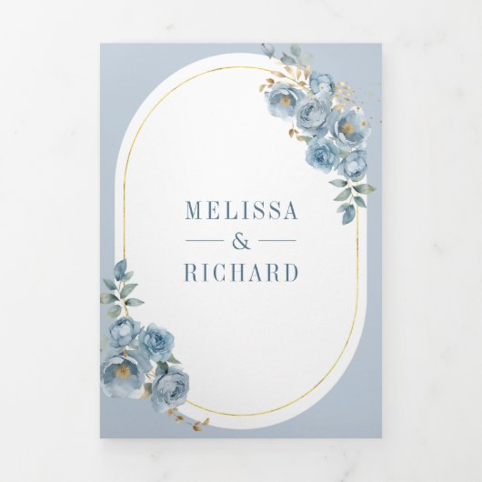 Zacht Stoffig Blauw Bloemengoud Alles in één bruil Drieluik Uitnodiging (Cover)