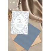 zacht stoffig blauw zilver bloemenkant bruiloft kaart