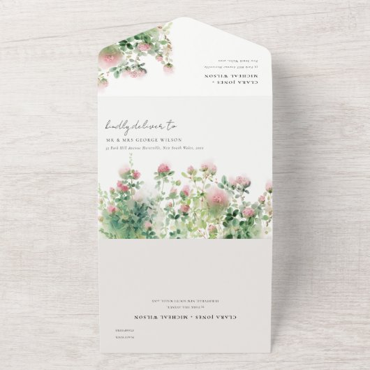 Zacht Subtiel Roze Waterverf Bloementuin Bruiloft All In One Uitnodiging (Buitenkant)