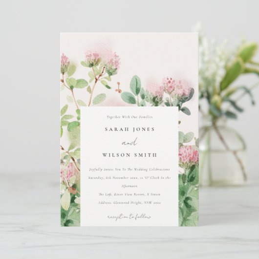 Zacht Subtiel Roze Waterverf Bloementuin Bruiloft Kaart (Staand voorkant)