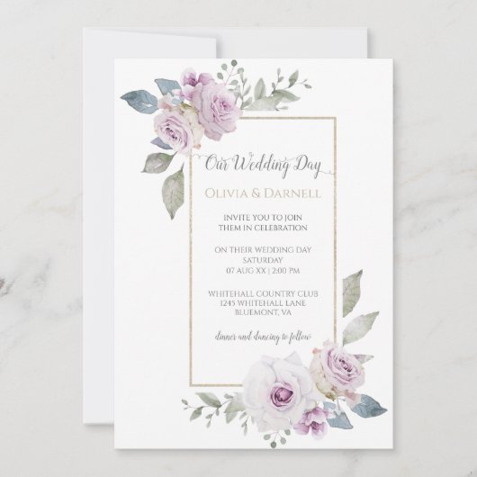 Zacht Violette Paarse Lavendel Gouden Bloemen Huwe Kaart (Voorkant)