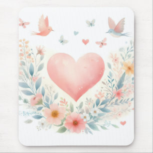 Zacht Waterverf Hart Liefde Bloemen Vogels Muismat