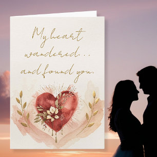 Zacht Waterverf Hart met Warme Bloemen en Goud Feestdagen Kaart