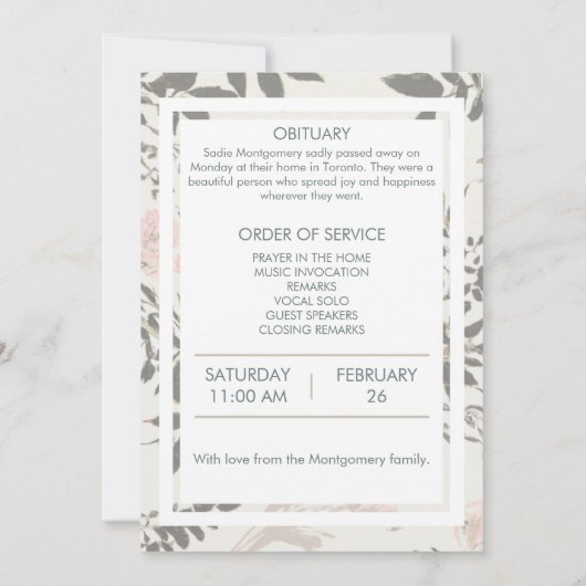 Zacht zacht en roze begrafenisprogramma kaart (Achterkant)