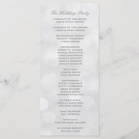 Zacht Zilver en Wit Bokeh Lights Wedding Program Programmakaart (Achterkant)