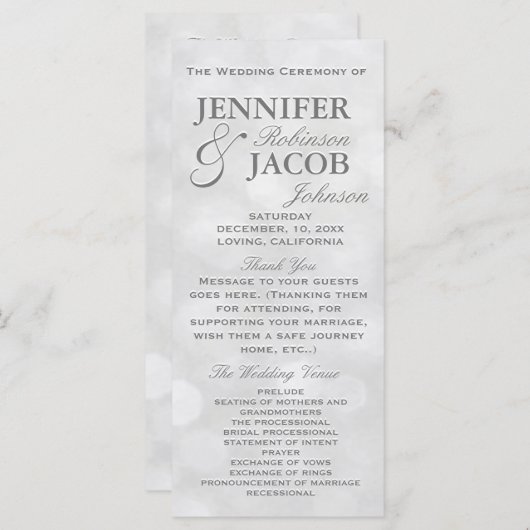 Zacht Zilver en Wit Bokeh Lights Wedding Program Programmakaart (Voorkant / Achterkant)