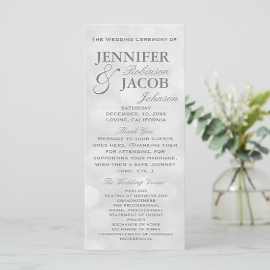 Zacht Zilver en Wit Bokeh Lights Wedding Program Programmakaart (Staand voorkant)