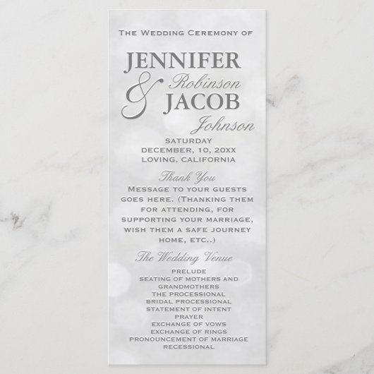 Zacht Zilver en Wit Bokeh Lights Wedding Program Programmakaart (Voorkant)