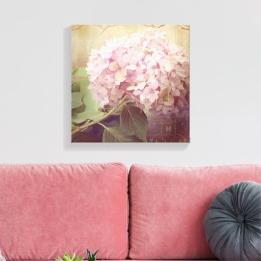 Zacht Zomer 2 Zangvogels Roze Hydrangeas  Canvas Afdruk (Insitu (Woonkamer))