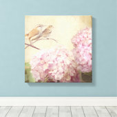 Zacht Zomer 2 Zangvogels Roze Hydrangeas Canvas Afdruk (Insitu (Houten vloer))