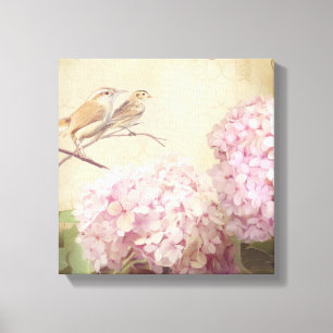 Zacht Zomer 2 Zangvogels Roze Hydrangeas Canvas Afdruk