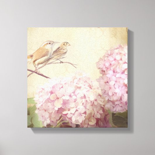 Zacht Zomer 2 Zangvogels Roze Hydrangeas Canvas Afdruk (Voorkant)