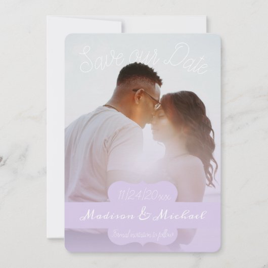 Zachta Paarse Foto Save The Date Aankondiging (Voorkant)