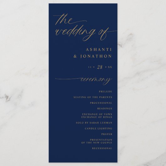 Zachta Romantische Script Navy Blauwe en Gouden Tr Programmakaart (Voorkant)