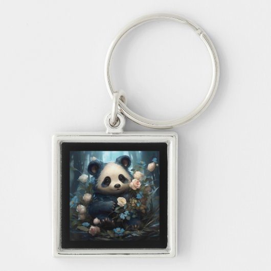 Zachtaardige panda beer tussen jungle rozen sleutelhanger (Voorkant)