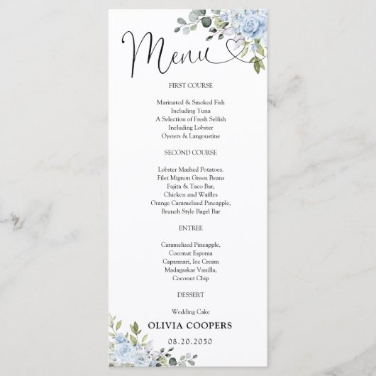 Zachtblauw botanisch babyshower menu (Voorkant)