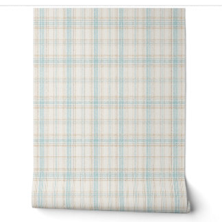 Zachtblauwe en beige ruitbehang behang