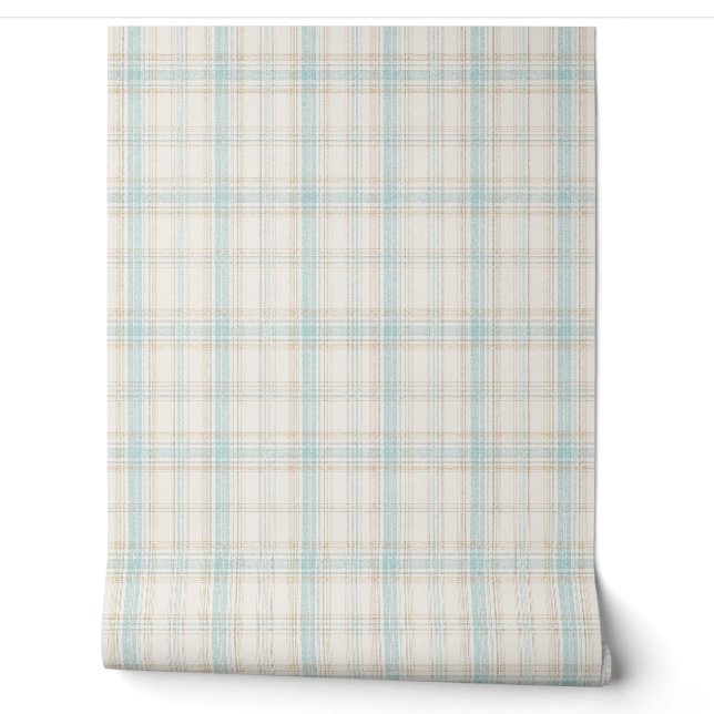 Zachtblauwe en beige ruitbehang behang (Afrollen)