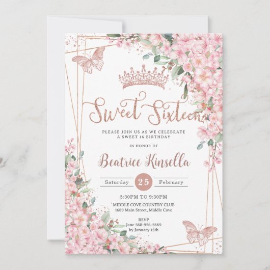 Zachte 16 Kersenbloesem Roze Goud Vlinders Kaart (Voorkant)