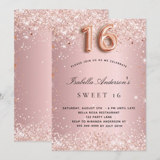 Zachte 16 lichtroze roze roze goudglitterstofparti kaart (Voorkant / Achterkant)