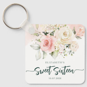 Zachte 16 Roze Bloemige Verjaardagsfeest Custom Sleutelhanger