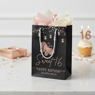 Zachte 16 Roze Gouden Vlinder Chic Moderne Verjaar Medium Cadeauzakje