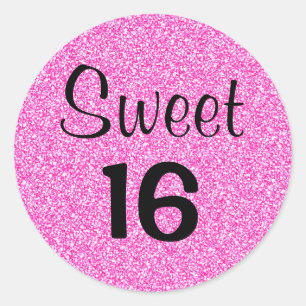 Zachte 16 Zestien Zwart & Heet Roze Glitters Schit Ronde Sticker