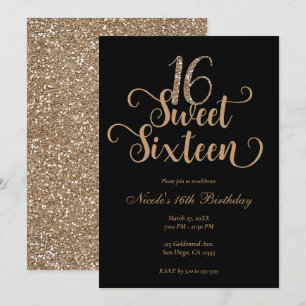 Zachte 16 Zwarte & Gouden Glitter Verjaardagsfeest Kaart