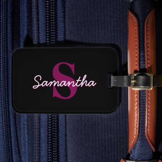 Zachte aanpasbare roze & zwarte monogram script bagagelabel (Voorkant Insitu 4)
