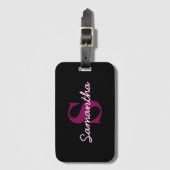 Zachte aanpasbare roze & zwarte monogram script bagagelabel (Voorkant (verticaal))