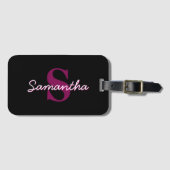 Zachte aanpasbare roze & zwarte monogram script bagagelabel (Voorkant (horizontaal))